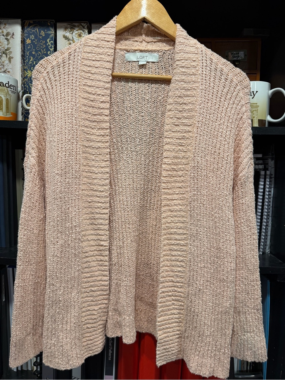 LOFT Light Blush Open-Front Ribbed Knit Cardigan